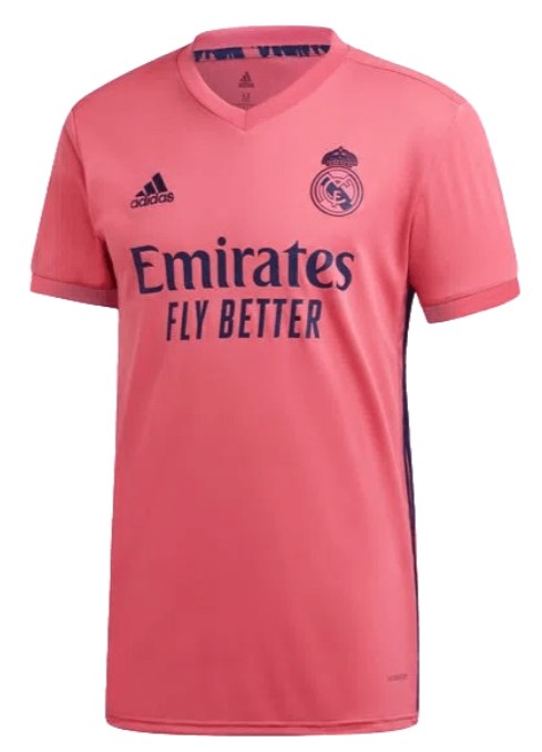 Camisa Real Madrid rosa com detalhes em azul.