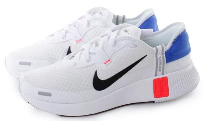 tênis esportivo branco, com detalhes azul, laranja e preto.
