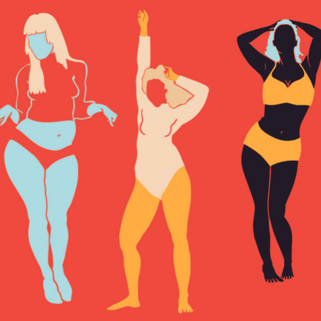 imagem colorida representando três tipos de corpo feminino