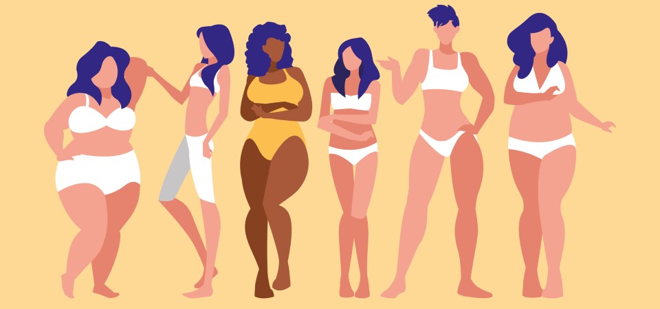 ilustração de seis mulheres com tipos de corpo diferentes