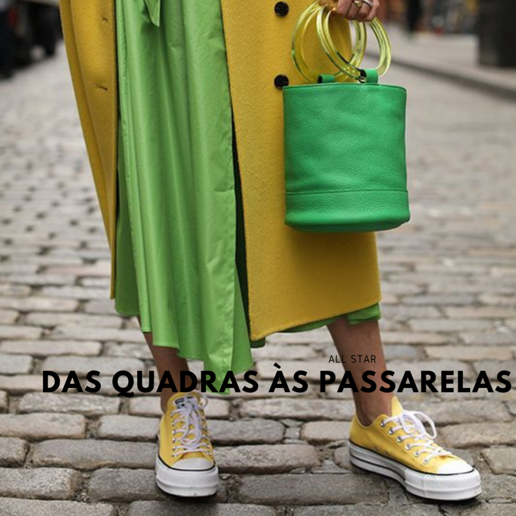 all star amarelo combinado com saia amarela, bolsa verde e vestido verde
