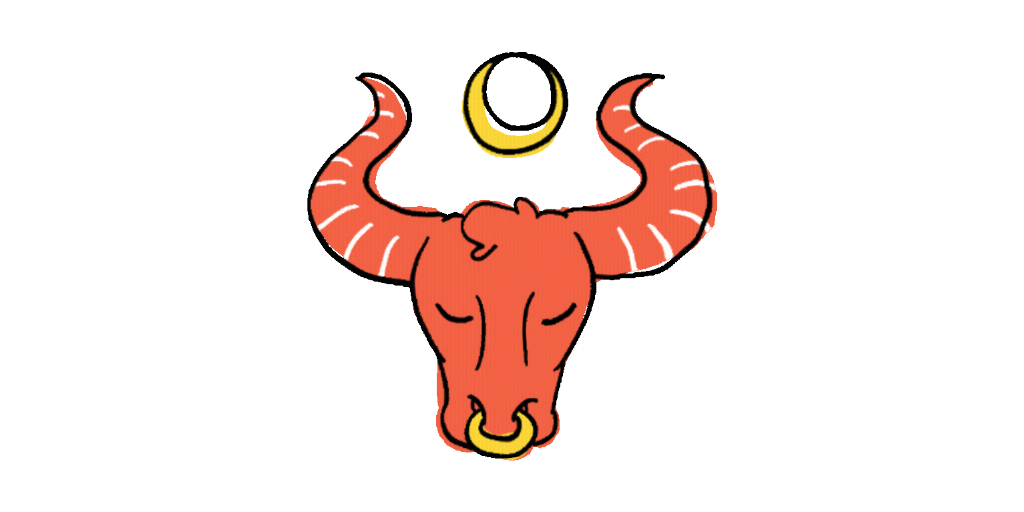 cabeça de um touro desenhada pintada em vermelho com adereços amarelos