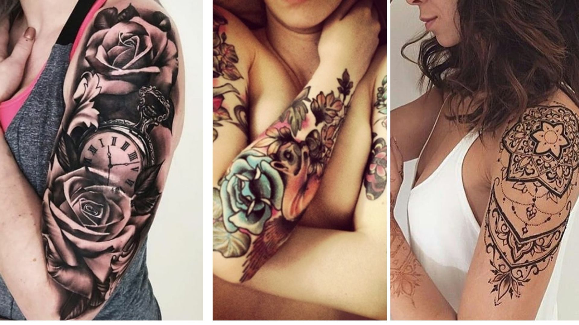 Três tatuagens com flores no estilo maori e aquarela