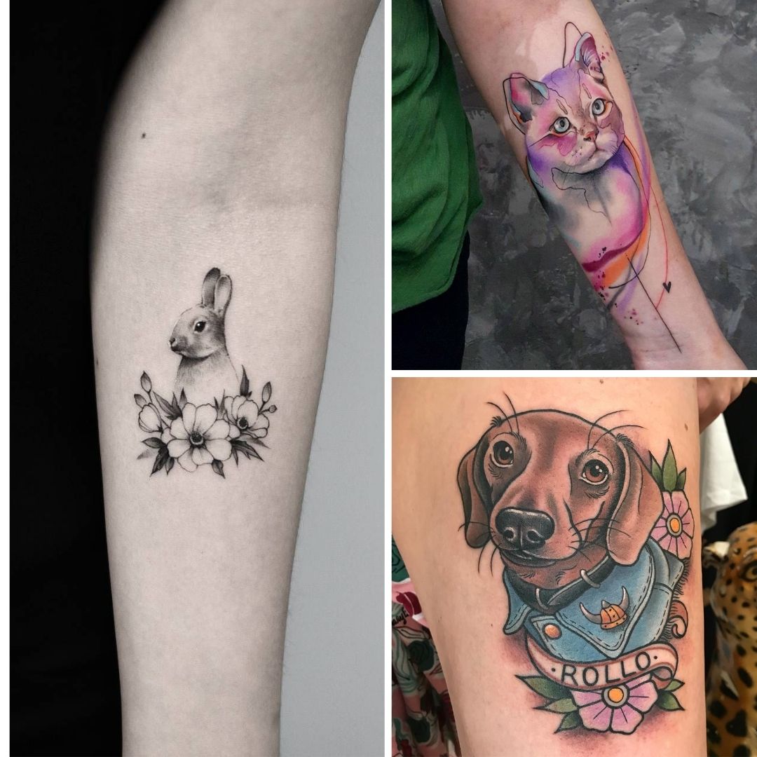 tatuagens femininas com amimais de estimação no braço 
