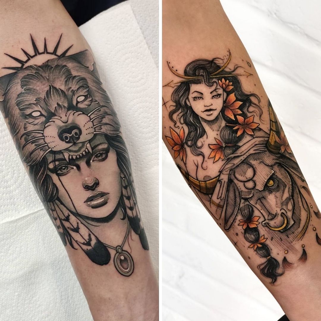 Tatuagem no estilo esotérico, cabeça de leão sobre a cabeça da índia e a outra um bufalos e uma ninfa