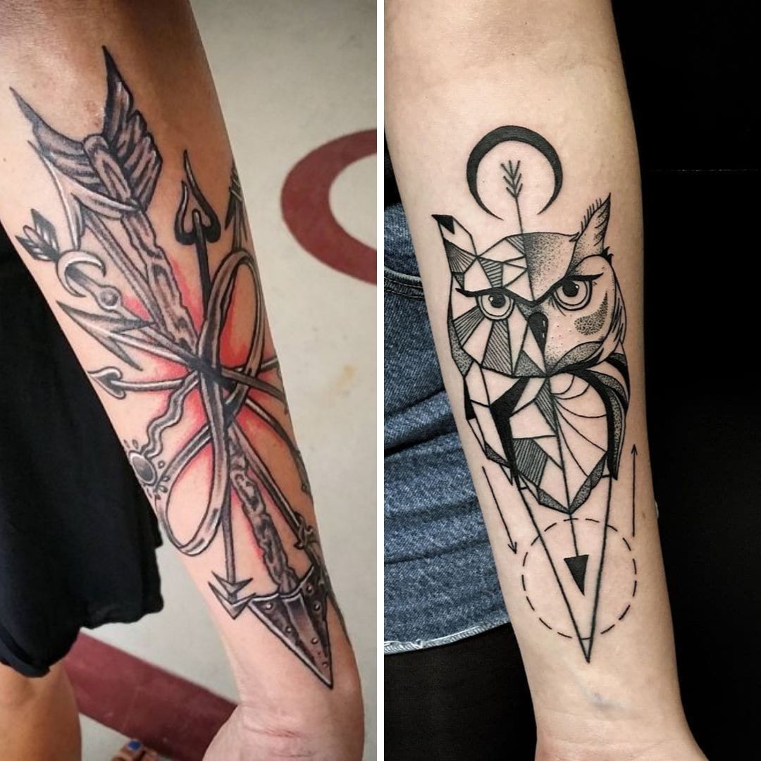 Tatuagem no braço, uma coruja e uma adaga colorida 