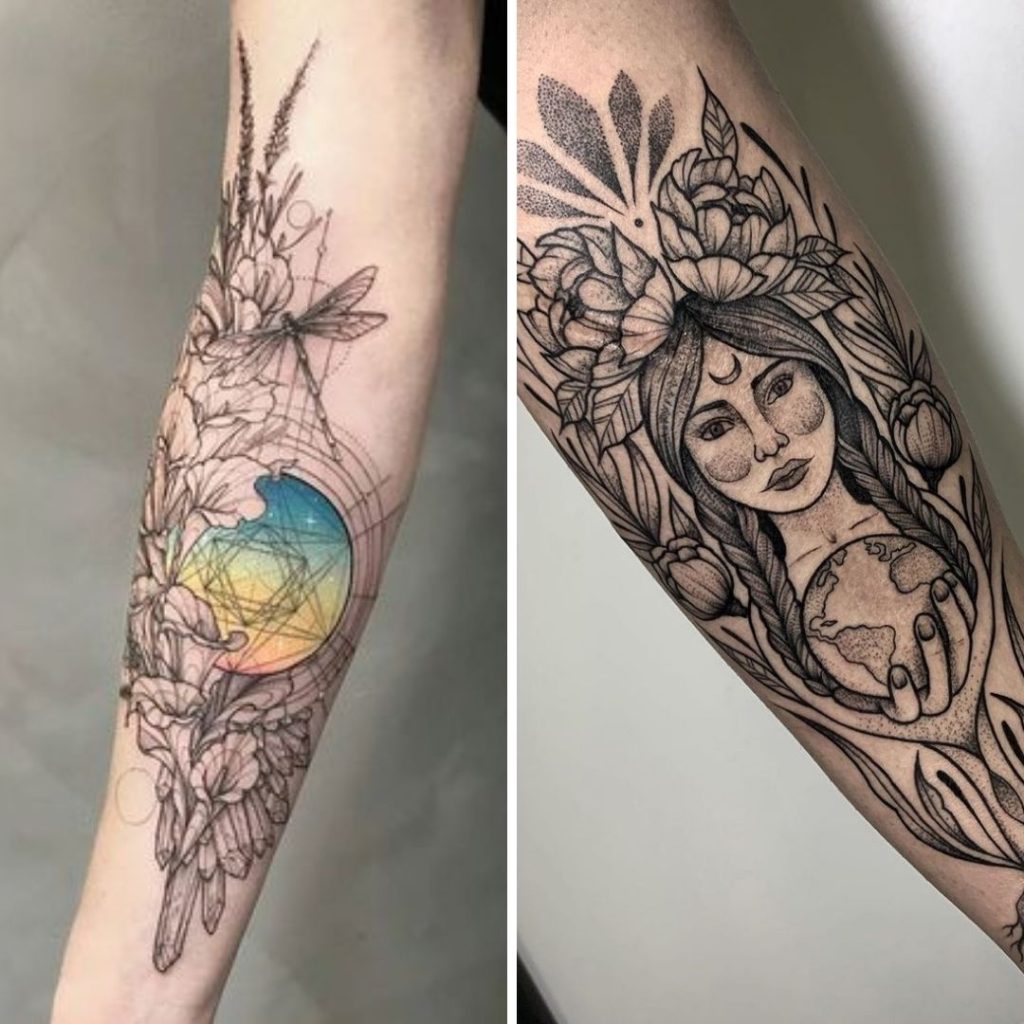 Tatuagem de uma índia segurando um o globo mundi mas mãos e no outro braço uma tatuagem de uma lua no de flores