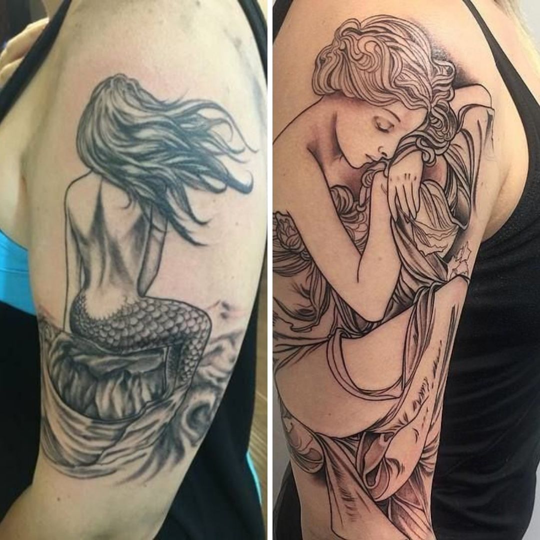 Braços com tatuagem, um de uma seria de costas e o outro com uma seria sobres a suas mãos, as duas tatuagens próximo ao ombro