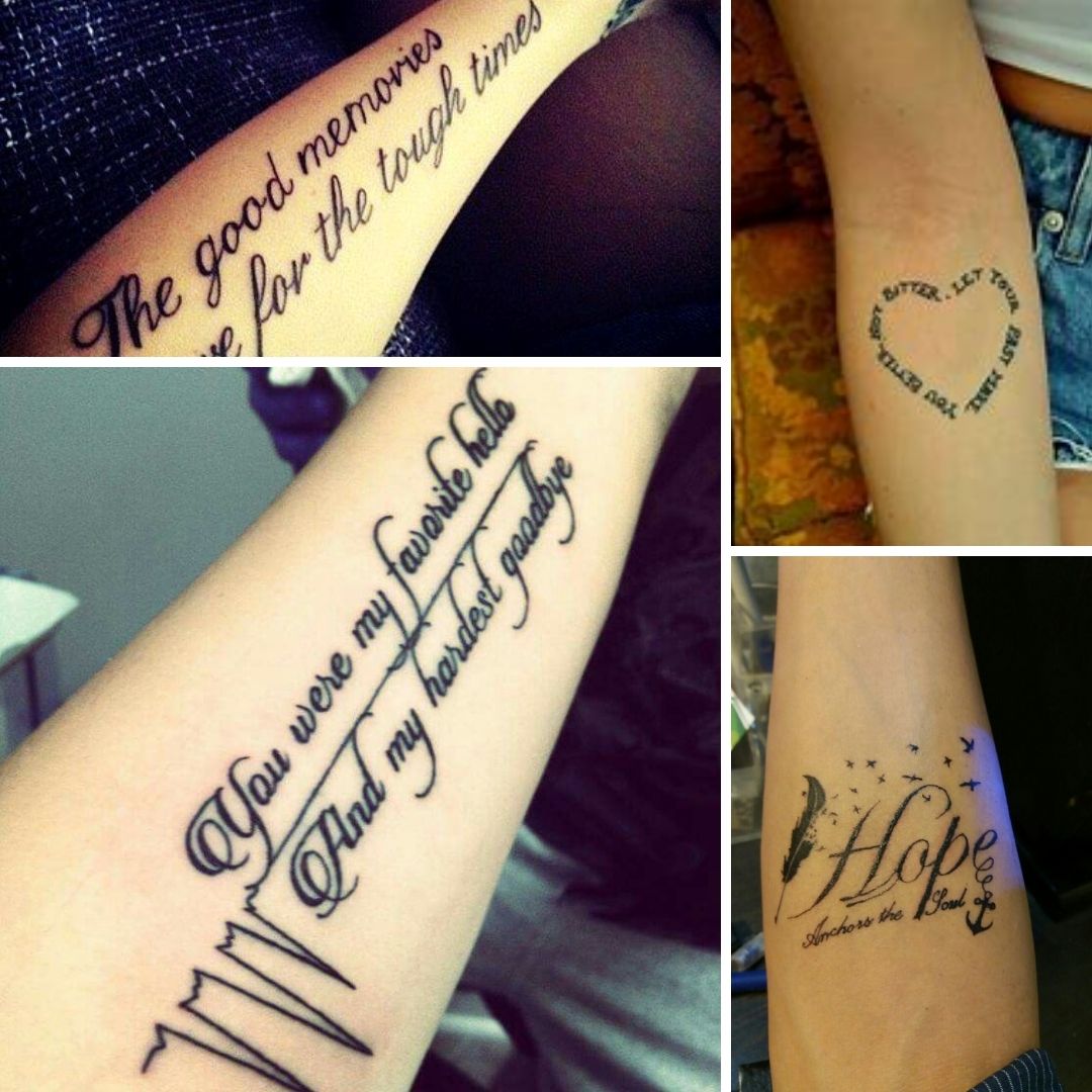 Tatuagens feminina no braço com frases em formato de coração e letras desenhadas 