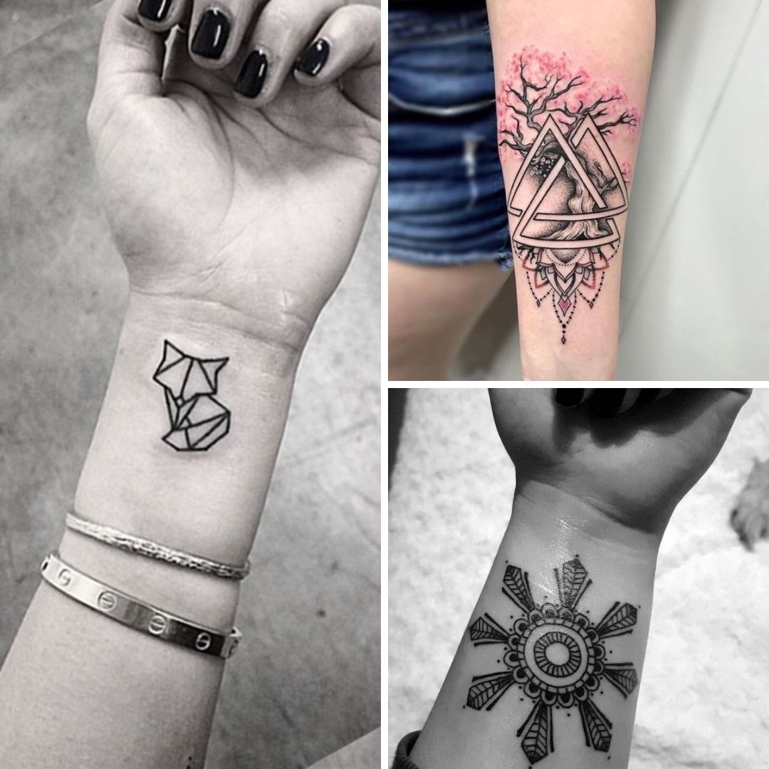 Tatuagem no braço com um gato uma arvores e uma flor todos com desenho assimétrico 