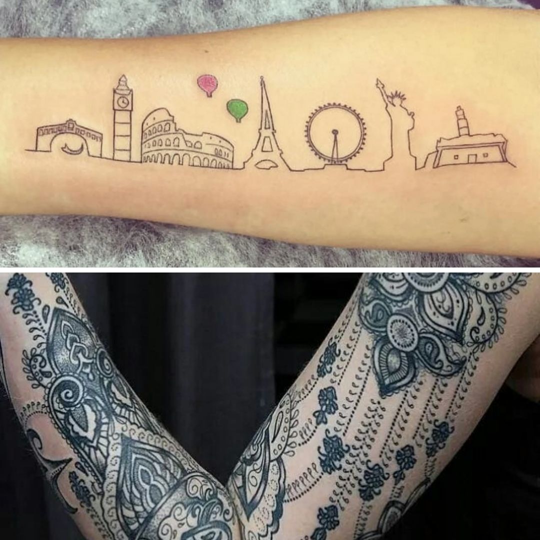 Tatuagem feminina com torre eiffel, Cristo redentor, coliseu e no outro braço uma tatuagem de flores no estilo indiano 