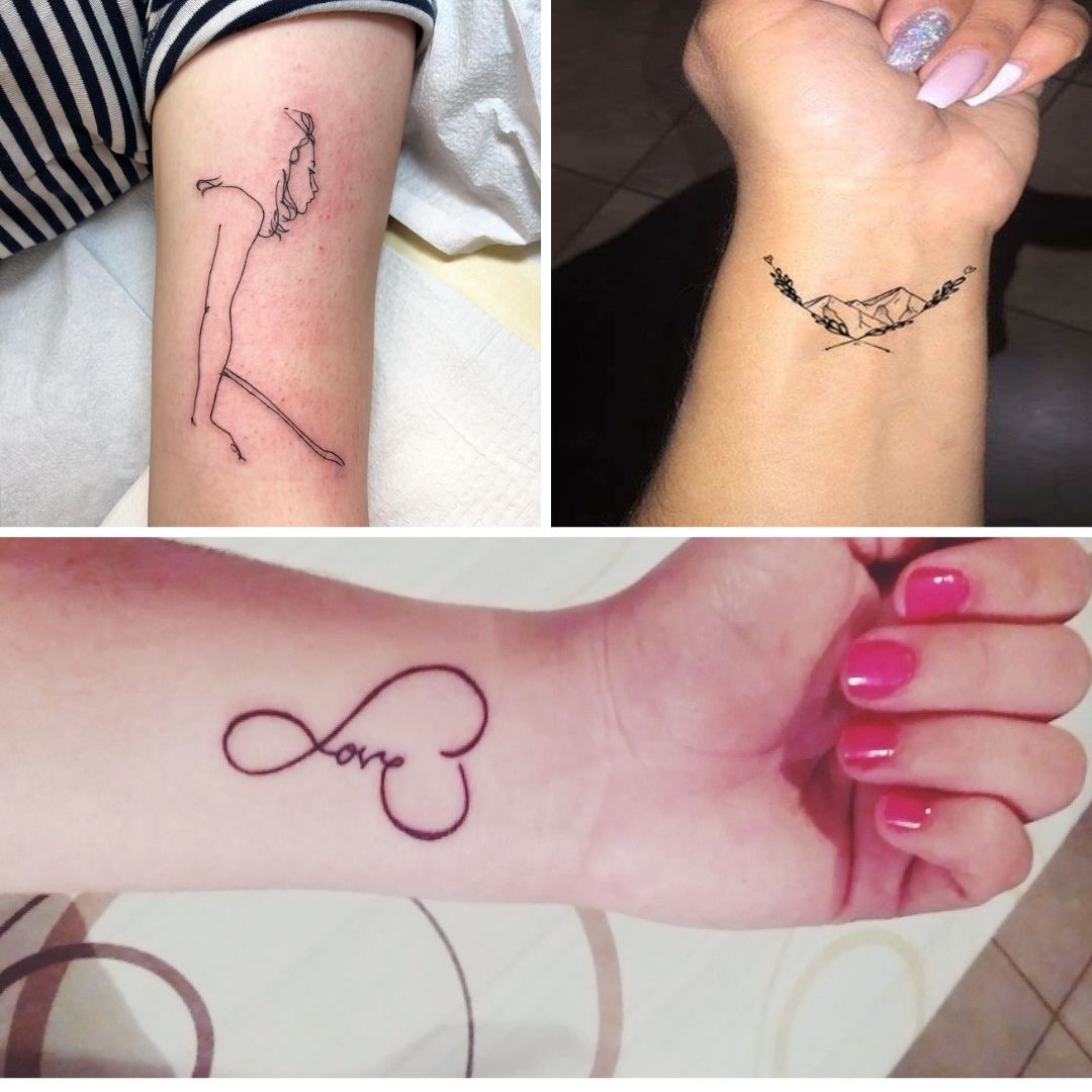 Três tatuagens no braço uma com o símbolo da eternidade outra com a palavra Love, no outro braço uma tatuagem com a vista de uma montanha e um rosto no outro braço