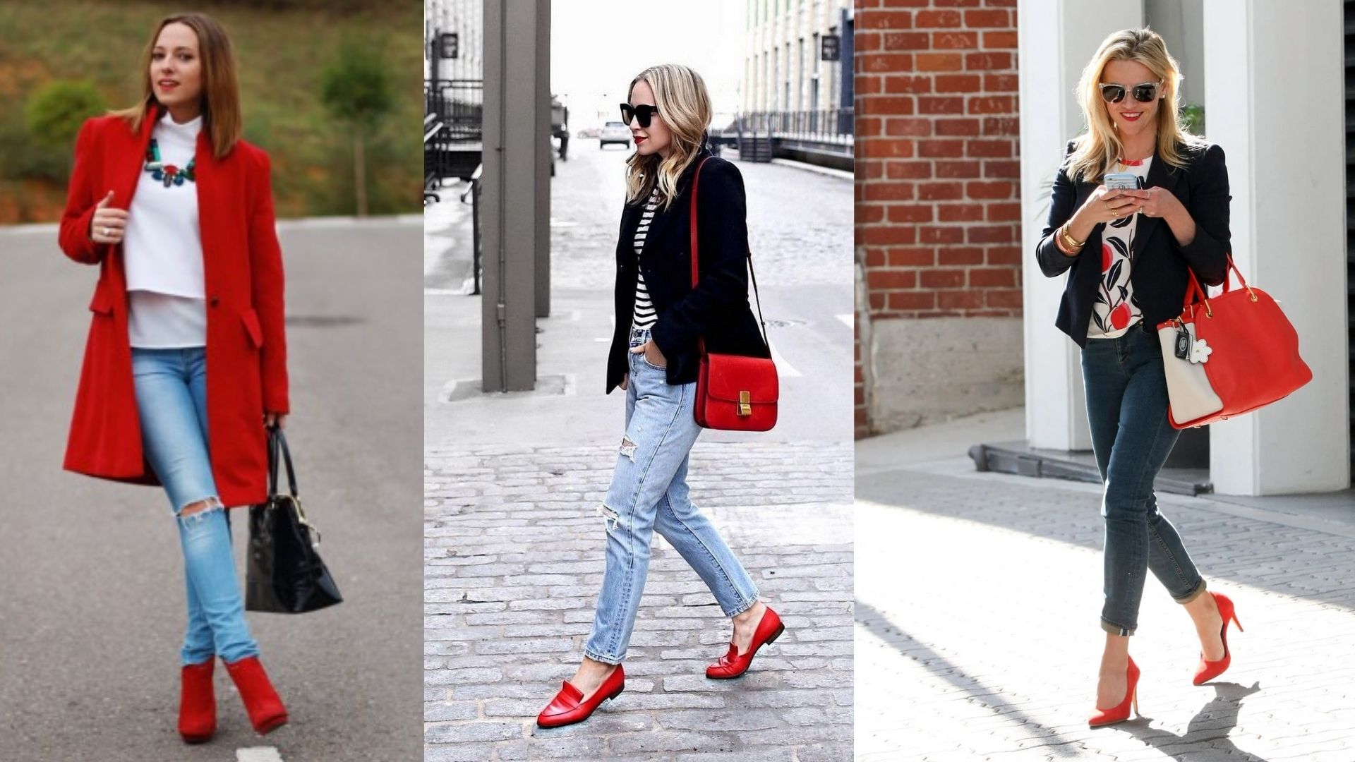 Três mulher usando look com bolsa, casaco e sapatos vermelhos