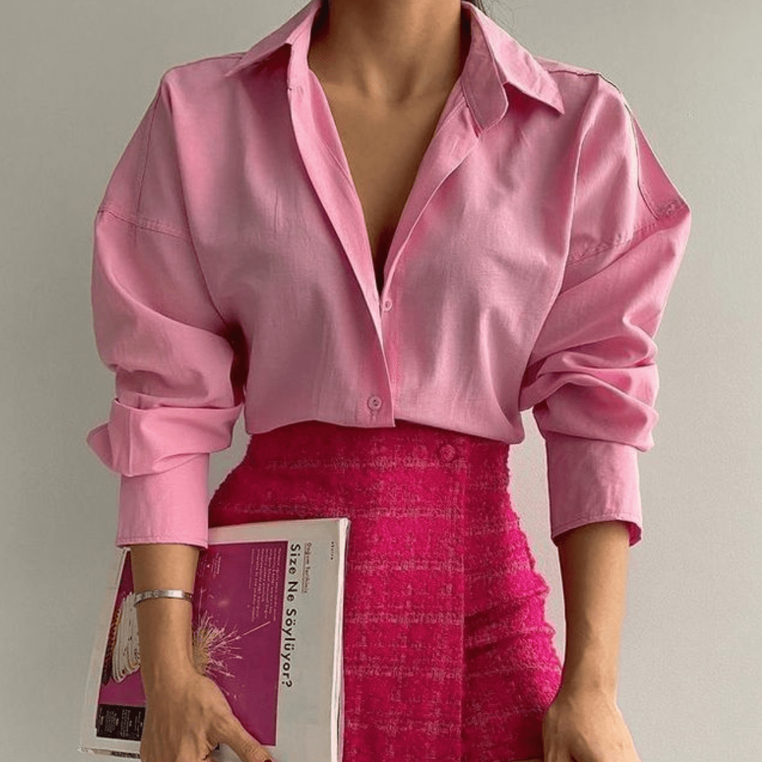 Look com saia e camisa social pink