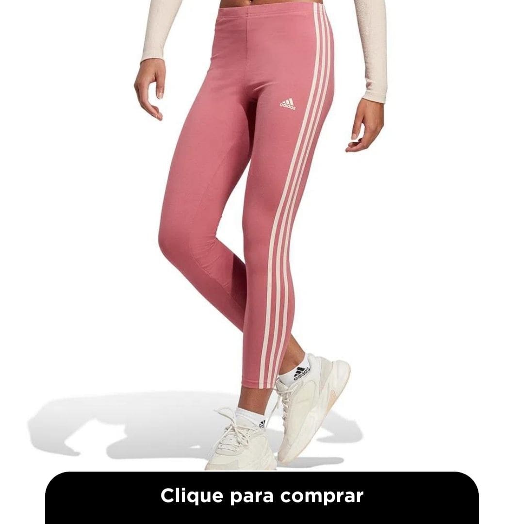 Calça Legging Adidas Essentials 3-Stripes Rosa e Branco Feminino 
 