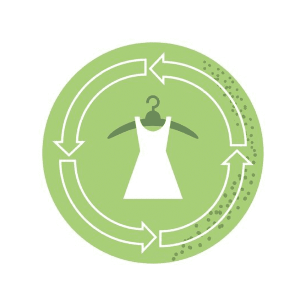 Símbolo verde com setas e um vestido branco no cabide representando a moda circular