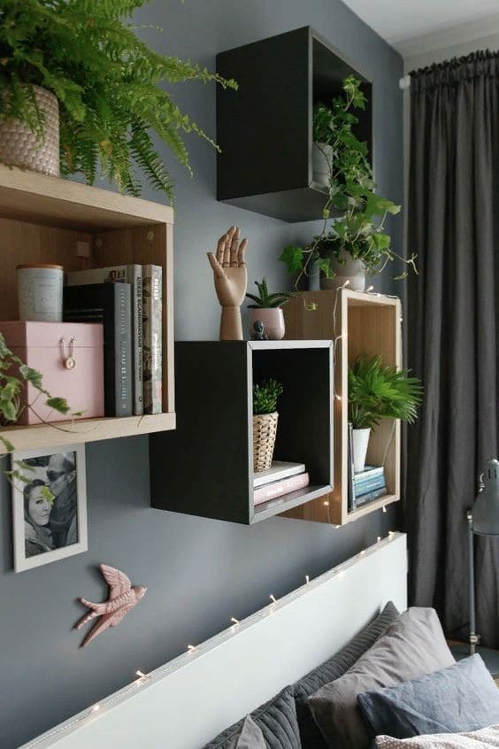 Nichos com livros e plantas