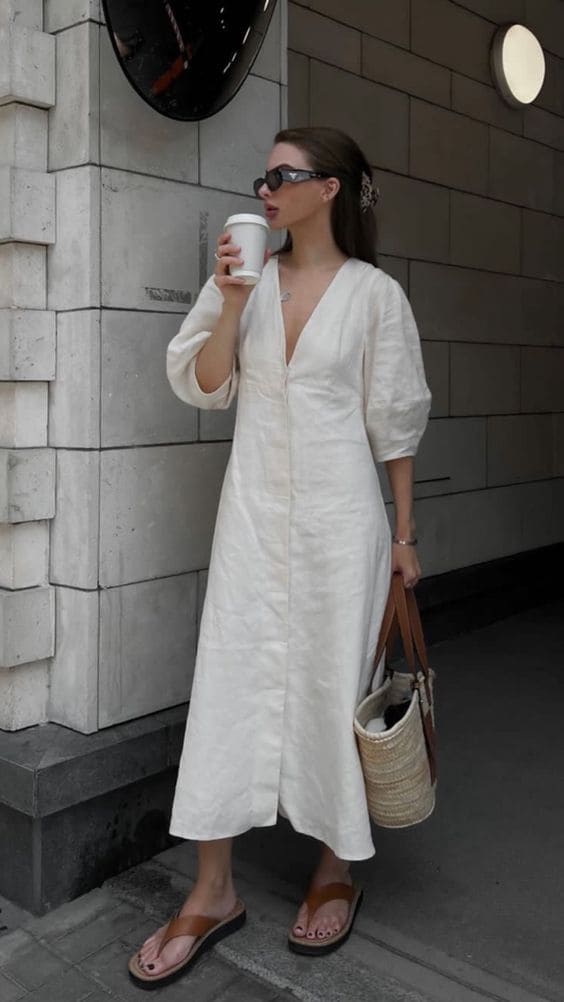 Mulher usando chinelo da moda em 2024 combinado com vestido claro e bolsa de palha