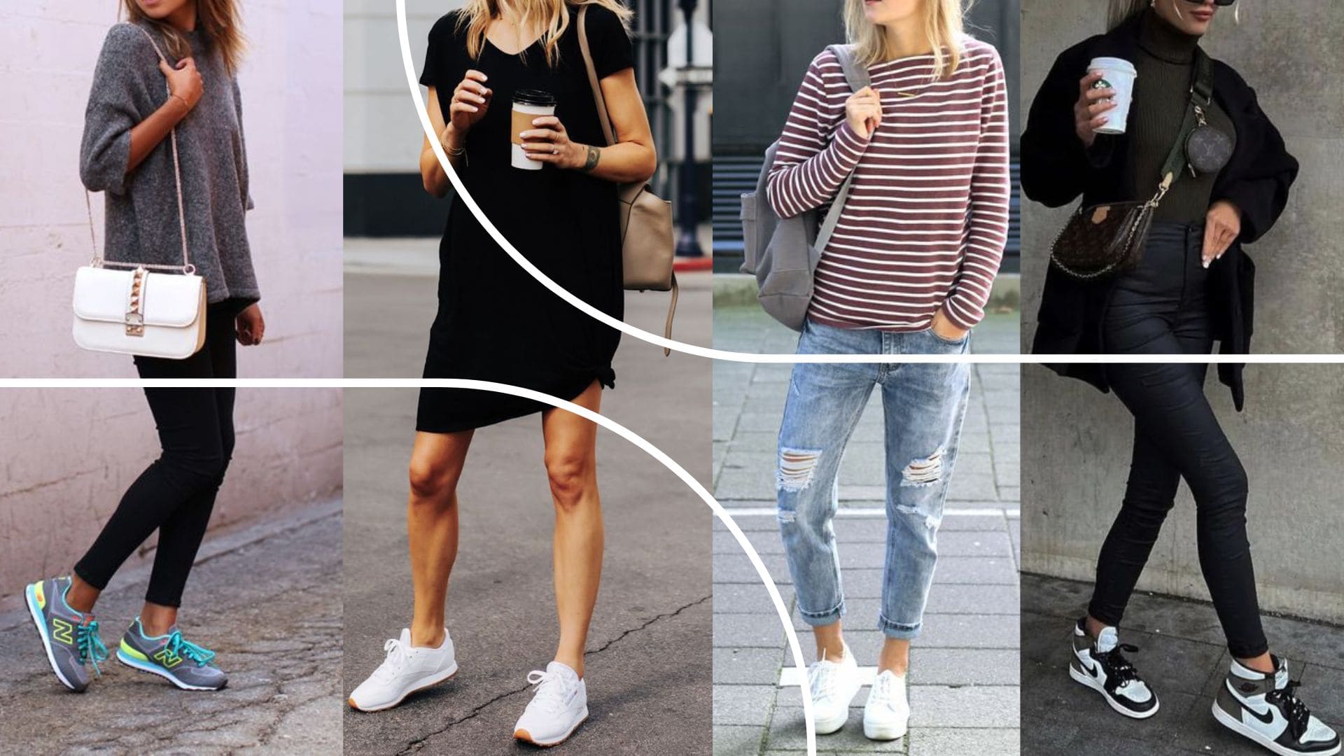 Quatro fotos diferentes de quatro mulheres diferentes usando diferentes tipos de tênis combinando com suas roupas.