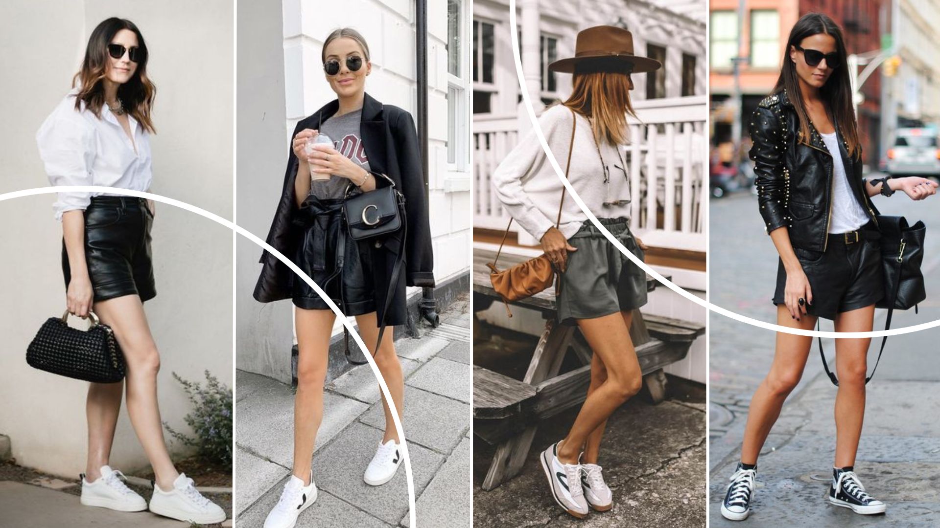 Quatro fotos de quadro mulheres diferentes usando looks com short de couro e tênis