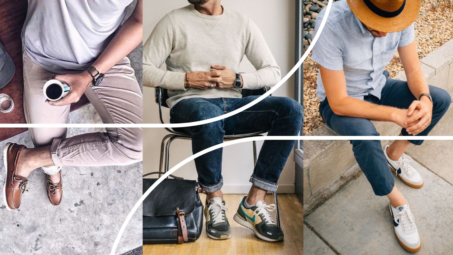 Três fotos de três homens usando três diferentes tipos de sapatos masculinos combinando com seus outfits