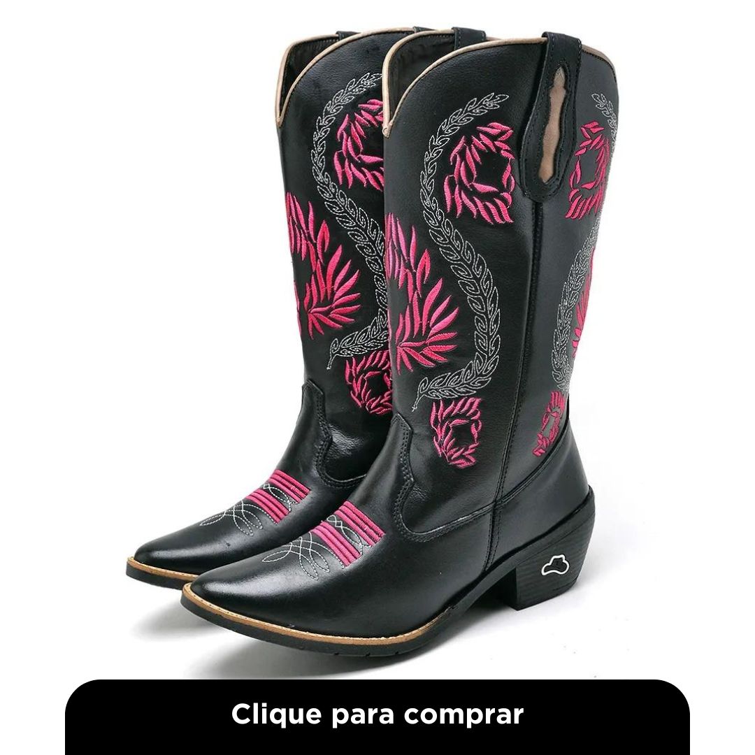 Bota Texana Em Couro Krn Shoes Com Bico Fino Salto Quadrado E Bordado