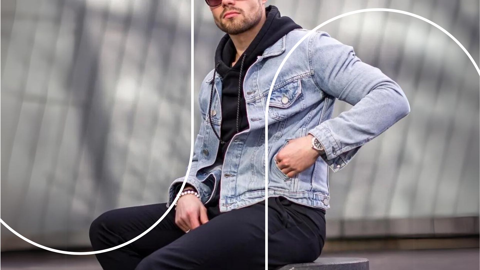 Homem usando um look com jaqueta jeans masculina de lavagem clara e calça escura