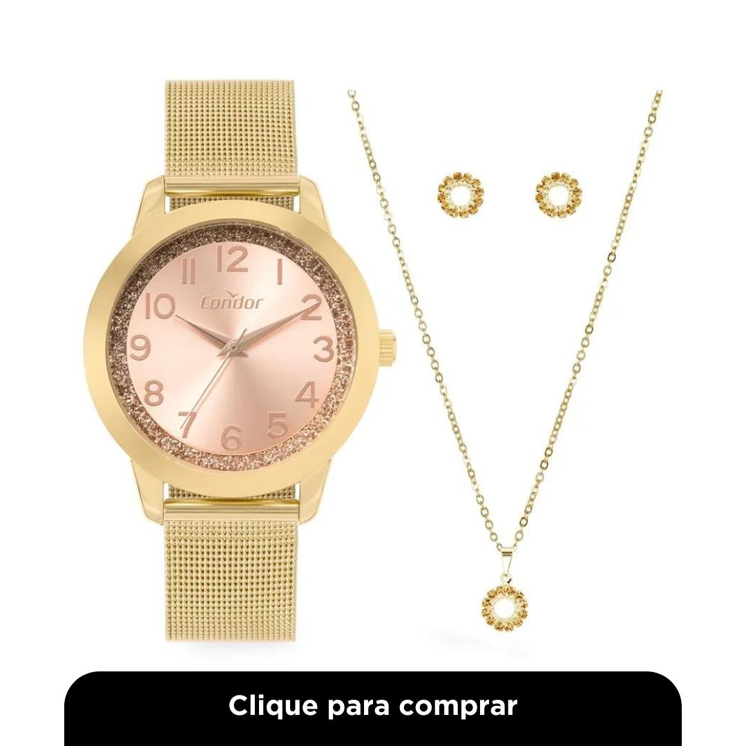 Kit Relógio Feminino Brilho + Colar + Brincos - CO2039MUD/K4J - Dourado/Rosé