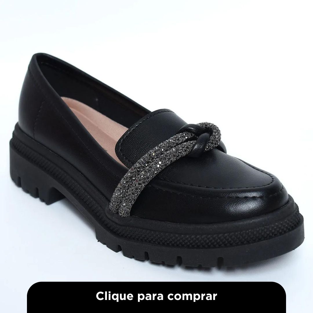 Mocassim Moleca Tira Strass Tratorado Feminino - Preto