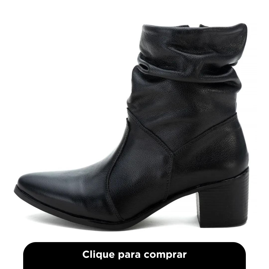 Bota Cano Curto em Couro Detalhada Ec Shoes com Zíper Lateral e Salto Quadrado