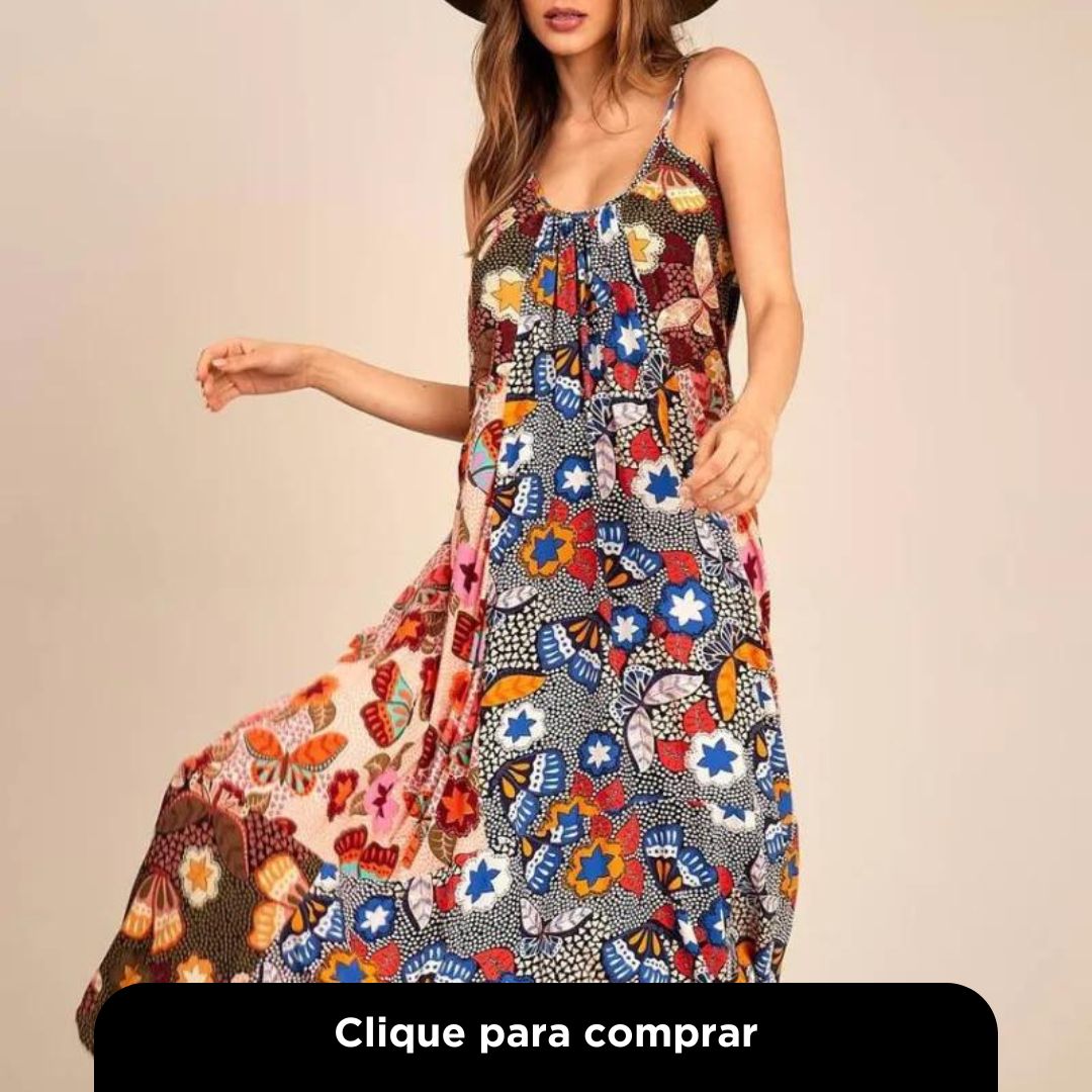 Vestido Longo de Alças Reguláveis Estampado Patchwork Yacamim