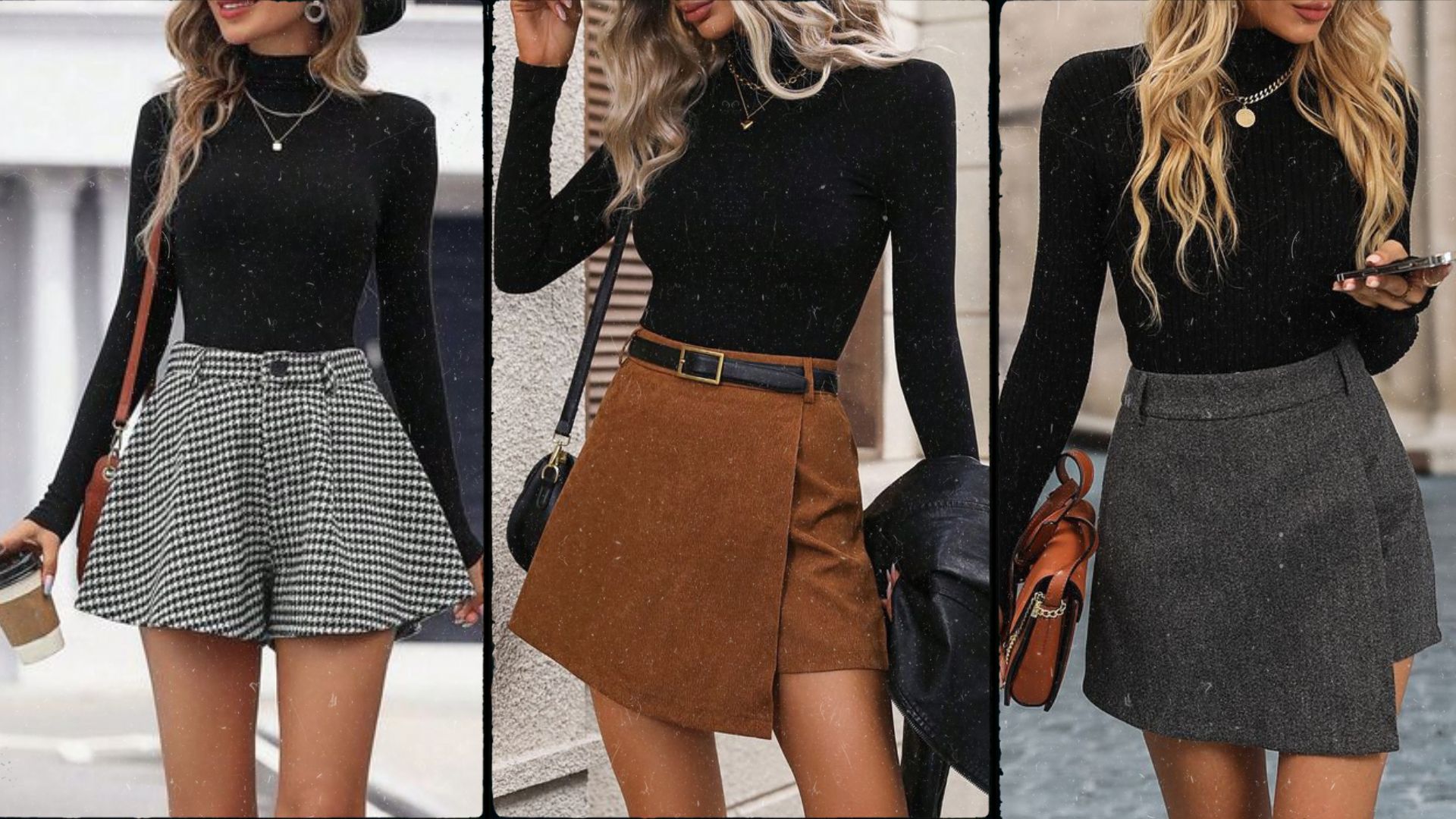 Três mulheres mostrando como usar short saia com três looks diferentes 