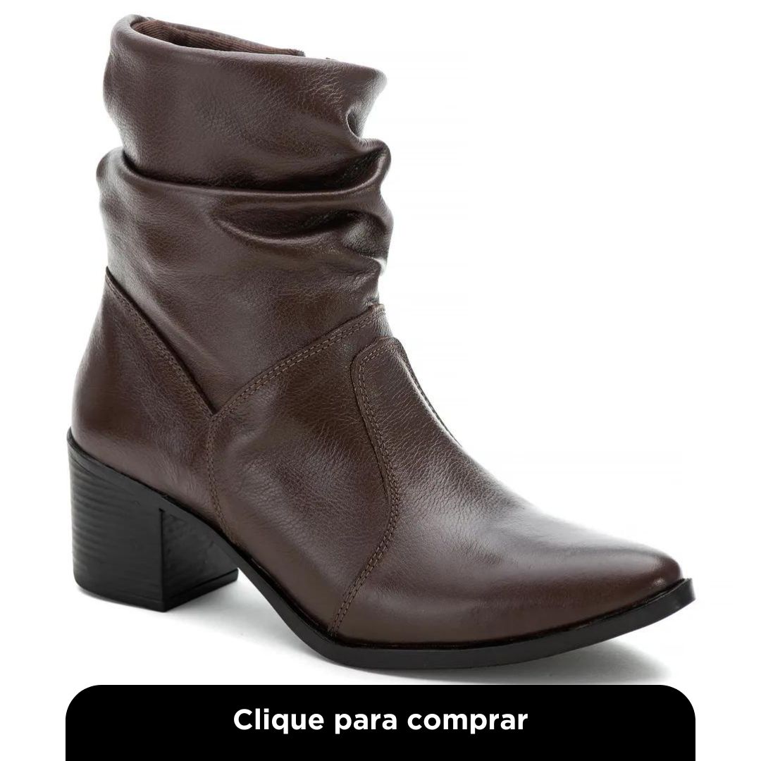 Bota Cano Curto em Couro Detalhada Ec Shoes com Zíper Lateral e Salto Quadrado