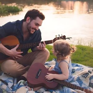 Homem sendo o tipo de pai que toca música para sua filha pequena à beira de um lago