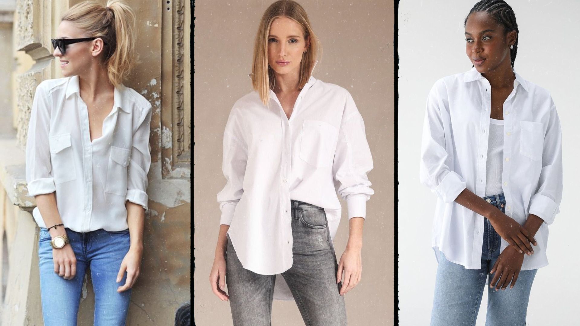 Três mulheres diferentes usando três looks femininos com camisa masculina